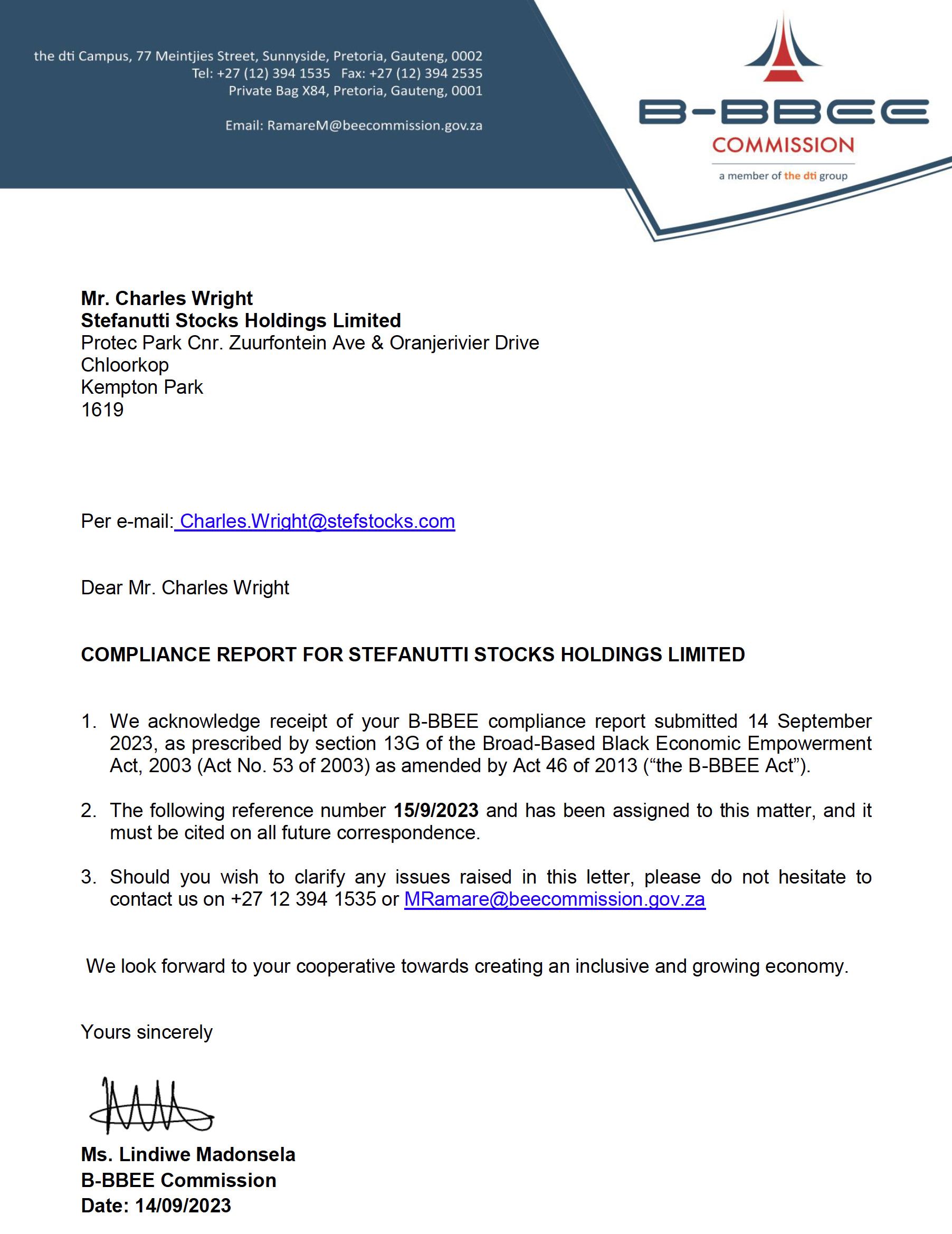 Acknowledgement letter - Stefanutti Stocks Holdings Limited