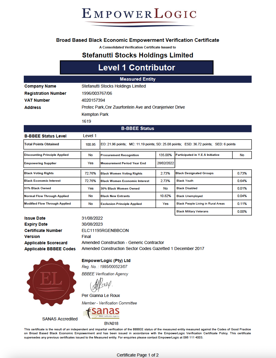 ELC11195_Stefanutti Holdings Limited_BEE Certificate_Final