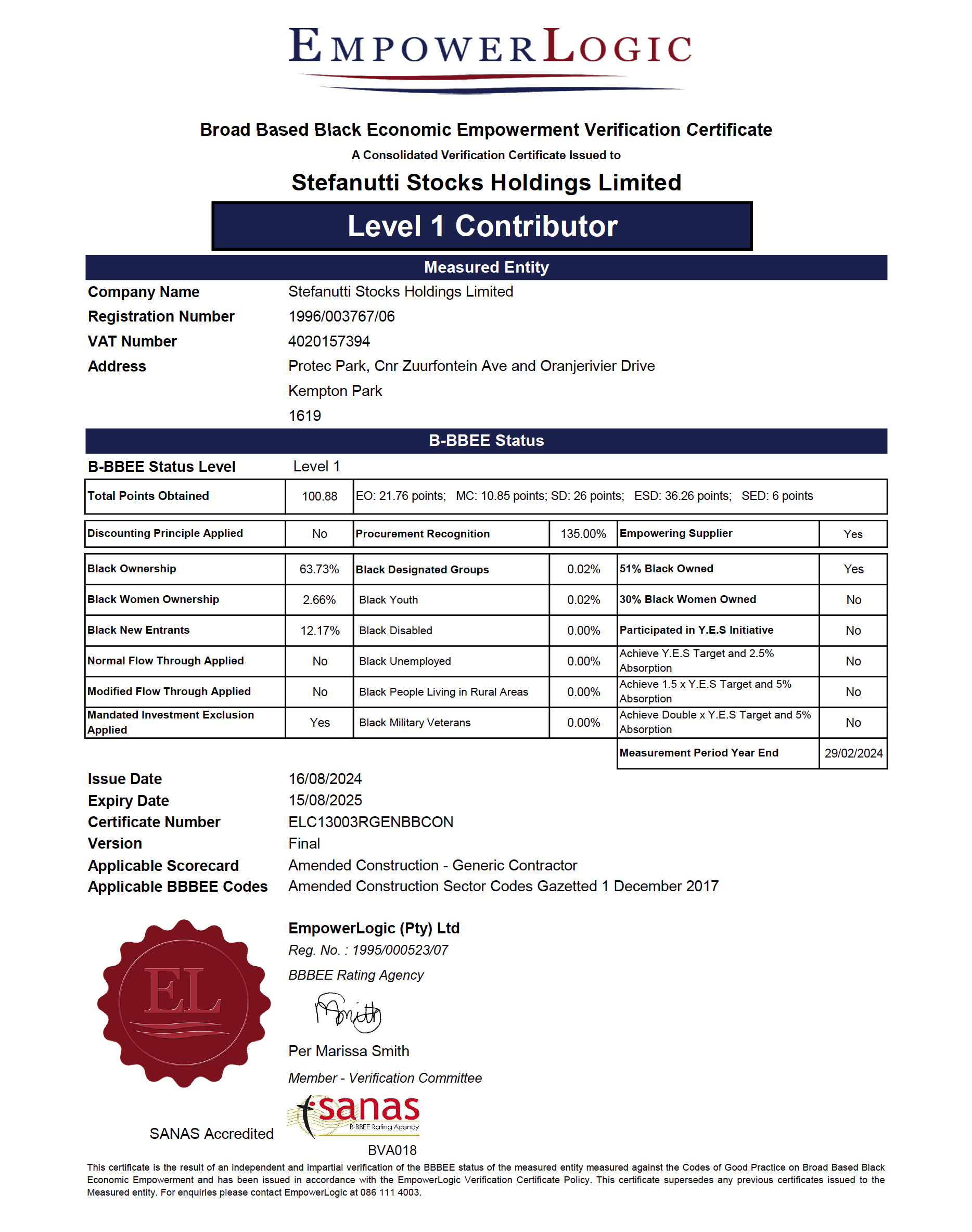 Stefanutti Stocks Holdings Limited B-BBEE Certificate – 2024-2025