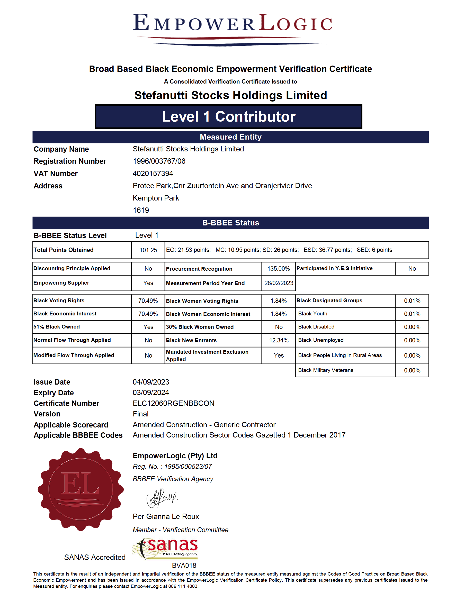 Stefanutti Stocks Holdings Limited-B-BBEE Certificate