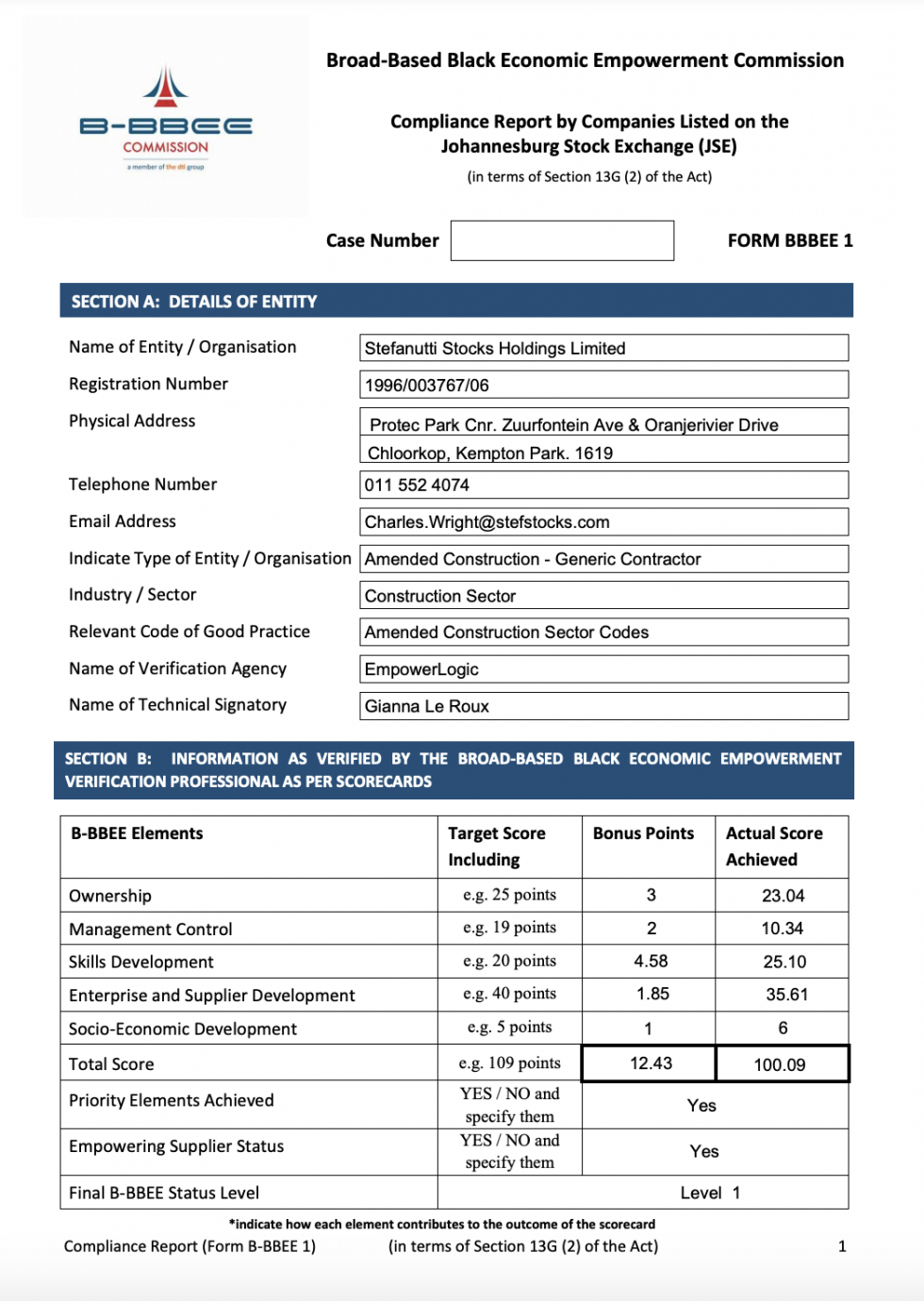 B-BBEE Compliance Report 2020/2021 - Stefanutti Stocks