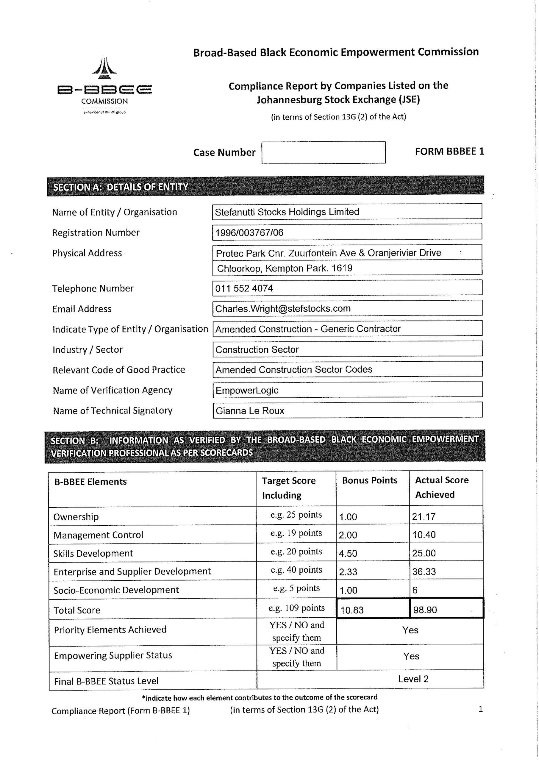 B-BBEE Compliance Report 2021/2022 - Stefanutti Stocks